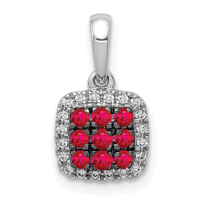14K White Gold with Black Rhodium Diamond and .23 Ruby Cluster Square Halo Pendant