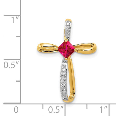 14K and Rhodium Lab Created Ruby and Diamond Cross Slide