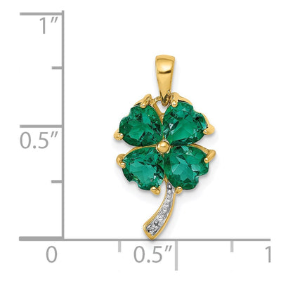 14K Lab Created Heart Emerald and Diamond Four Leaf Clover Pendant