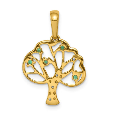 14K Polished Lab Created Emerald and Diamond Tree Pendant