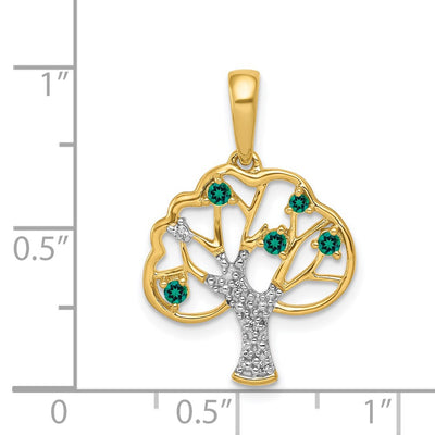 14K Polished Lab Created Emerald and Diamond Tree Pendant