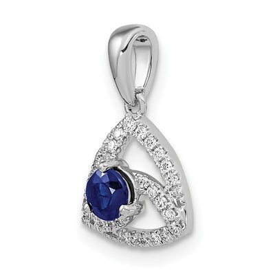 14K White Gold Diamond and Round Blue Sapphire Triangle Pendant