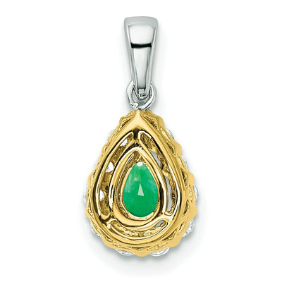 14K Two-tone Pear Emerald and Diamond Halo Pendant