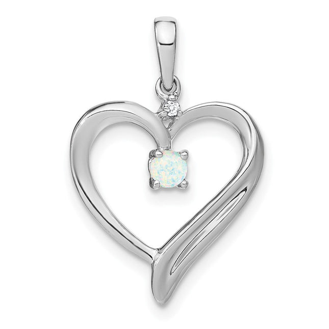 14k White Gold Created Opal and Diamond Heart Pendant, 25 x 16.1mm
