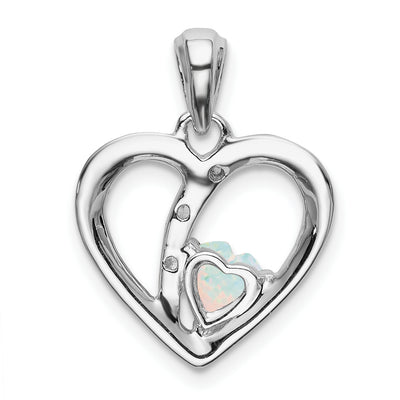 14K White Gold Created Opal and Diamond Heart Pendant, 21.3 x 15.25mm