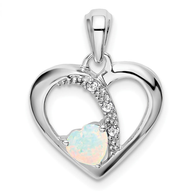 14k White Gold Created Opal and Diamond Heart Pendant, 21.3 x 15.25mm