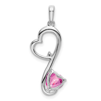 14K White Gold Created Pink Sapphire and Diamond Heart Pendant, 29.7 x 10.25mm