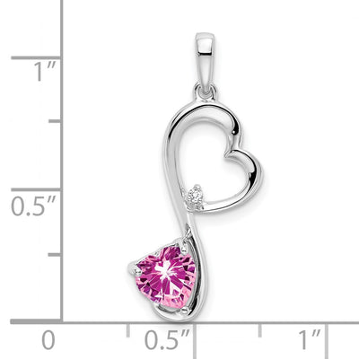 14K White Gold Created Pink Sapphire and Diamond Heart Pendant, 29.7 x 10.25mm