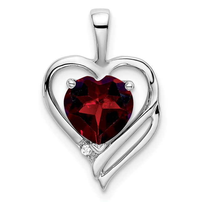 14k White Gold Garnet and Diamond Heart Pendant, 19 x 11.75mm