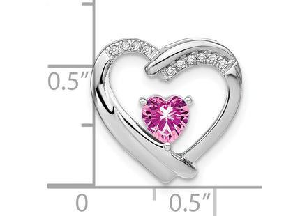 Sterling Silver Rhodium Plated Created Pink Sapphire and Diamond Open Heart Chain Slide, view 3