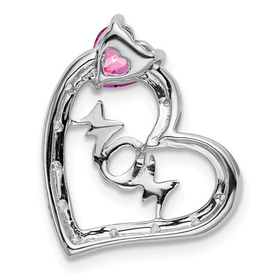 14K White Gold Created Pink Sapphire/Diamond MOM Heart Pendant
