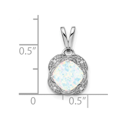 14K White Gold Cushion Created Opal and Diamond Pendant