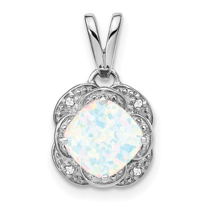 14K White Gold Cushion Created Opal and Diamond Pendant