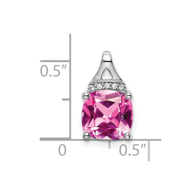 14K White Gold Cushion Lab Created Pink Sapphire and Diamond Pendant