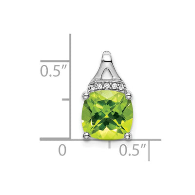 14K White Gold Cushion Peridot and Diamond Pendant, 14.5 x 8.2mm