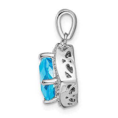 14K White Gold Cushion Blue Topaz and Diamond Pendant, 19.9 x 12.4mm