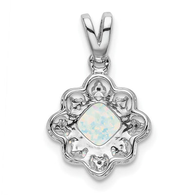 14K White Gold Created Opal and Diamond Scalloped Pendant