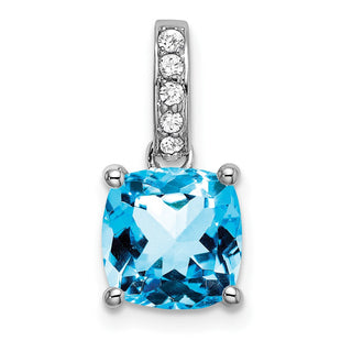 14k White Gold Cushion Blue Topaz and Diamond Pendant (Style PM7048-BT-006-WA)