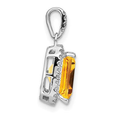 14K White Gold Emerald-cut Citrine and Diamond Halo Pendant
