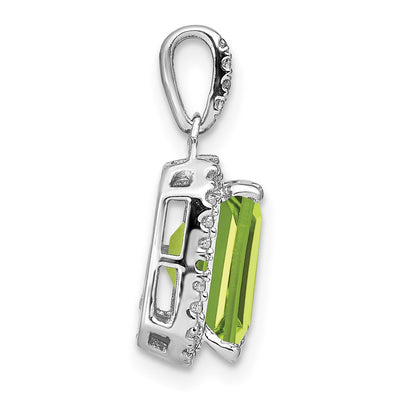 14K White Gold Emerald-cut Peridot and Diamond Halo Pendant