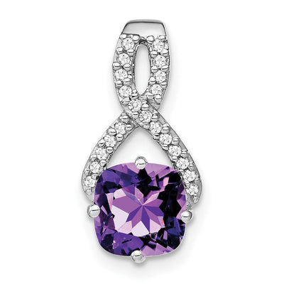 14K White Gold Cushion Amethyst and Diamond Pendant, 18.5 x 9.2mm