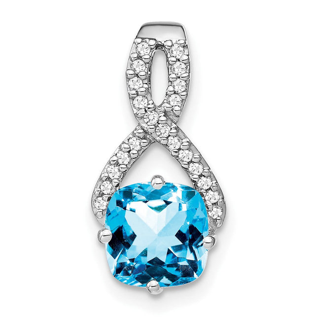 14k White Gold Cushion Blue Topaz and Diamond Pendant, 18.5 x 9.2mm