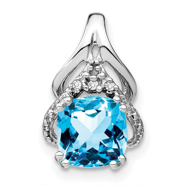 14k White Gold Cushion Blue Topaz and Diamond Pendant, 16.1 x 9.9mm