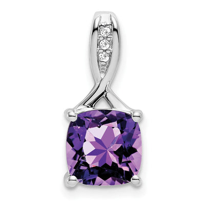 14K White Gold Cushion Amethyst and Diamond Pendant, 18 x 8.2mm