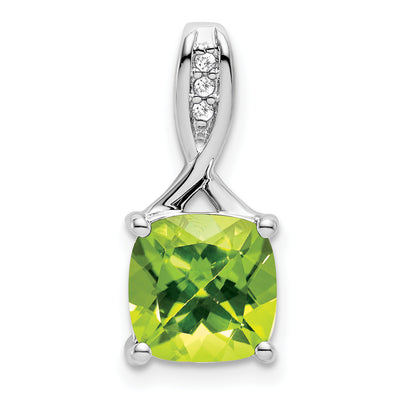 14K White Gold Cushion Peridot and Diamond Pendant, 18 x 8.2mm