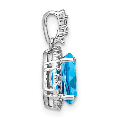 14K White Gold Oval Blue Topaz and Diamond Halo Pendant