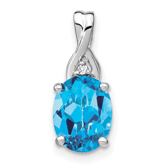 14k White Gold Oval Blue Topaz and Diamond Pendant, 17.25 x 7.1mm