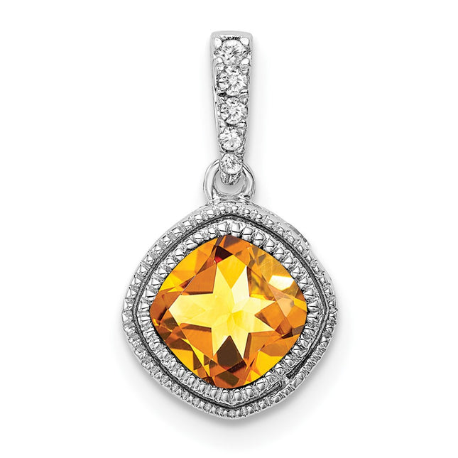 14k White Gold Cushion Citrine and Diamond Pendant, 15.1 x 9.2mm