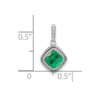 14K White Gold Cushion Emerald and Diamond Pendant with Side Diamond Detail