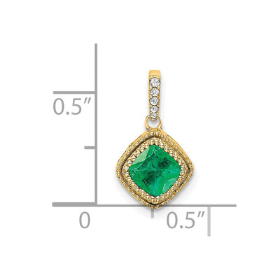 14K Cushion Emerald and Diamond Pendant with Side Diamond Detail