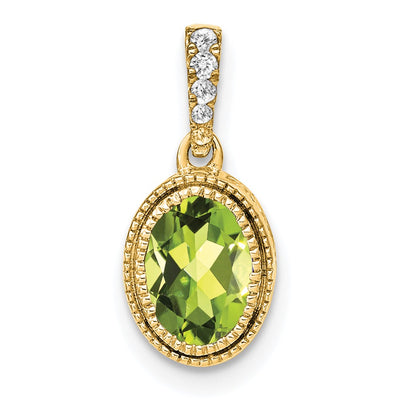 14K Oval Peridot and Diamond Pendant, 15.15 x 7.25mm