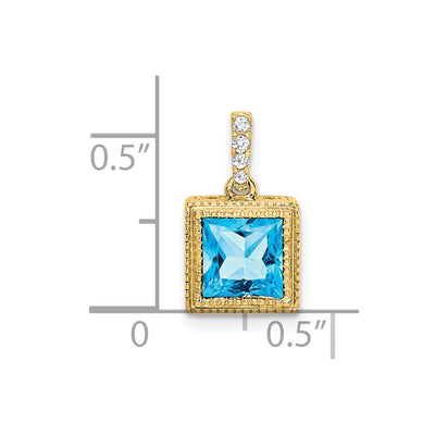 14K Square Blue Topaz and Diamond Pendant