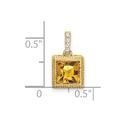 14K Square Citrine and Diamond Pendant