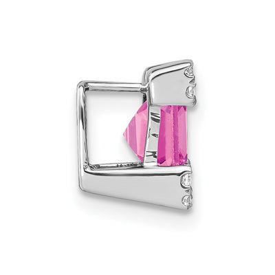 14K White Gold Square Lab Created Pink Sapphire and Diamond Chain Slide