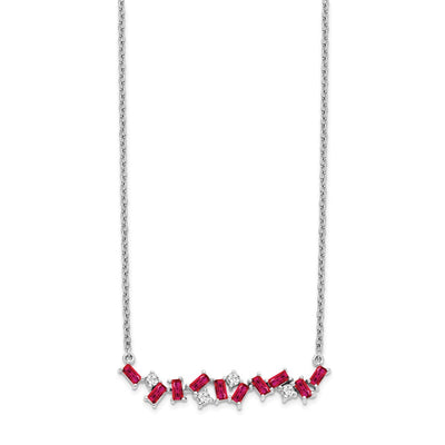 14K White Gold Octagon Ruby and Diamond Bar Necklace, 18 x 5.7mm