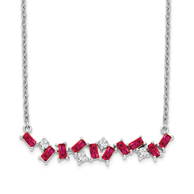 14K White Gold Octagon Ruby and Diamond Bar Necklace, 18 x 5.7mm