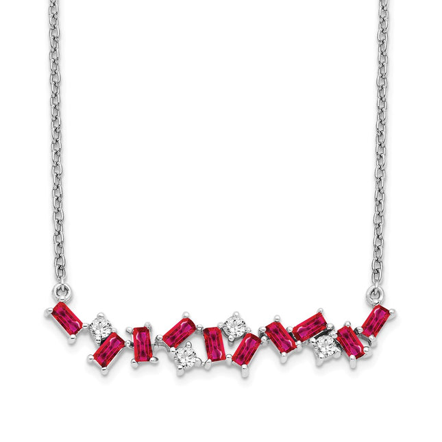14k White Gold Octagon Ruby and Diamond Bar Necklace, 18 x 5.7mm