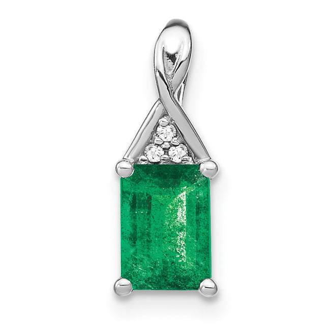14k White Gold Rectangle Emerald and Diamond Pendant, 15.75 x 5.9mm