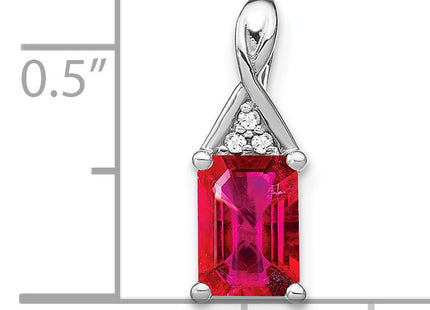 14k White Gold Emerald-shape Ruby and Diamond Pendant, 15.75 x 5.9mm