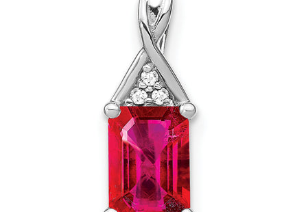 14k White Gold Emerald-shape Ruby and Diamond Pendant, 15.75 x 5.9mm