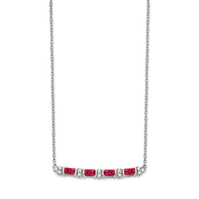 14K White Gold Octagon Ruby and Diamond Bar Necklace, 18 x 3mm