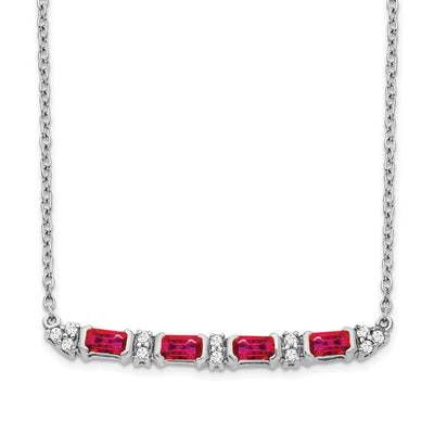 14K White Gold Octagon Ruby and Diamond Bar Necklace, 18 x 3mm