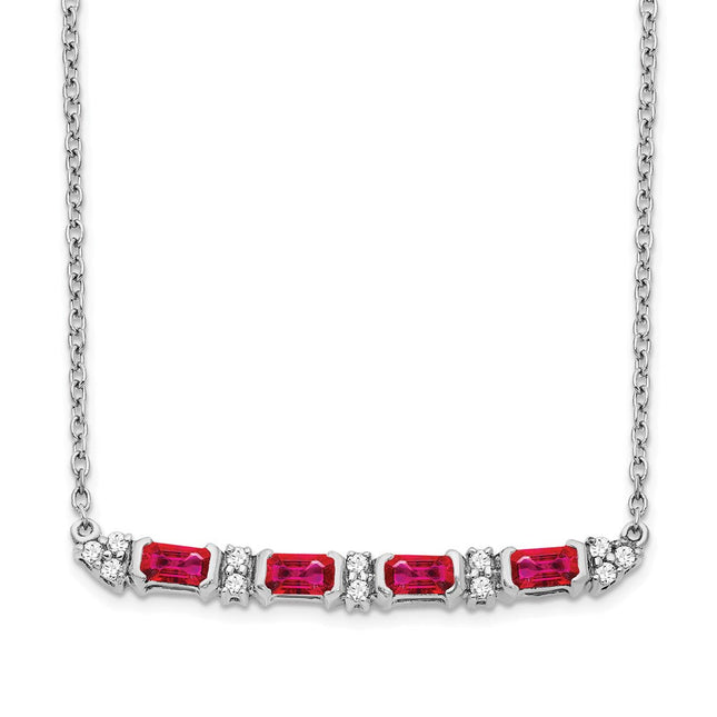 14k White Gold Octagon Ruby and Diamond Bar Necklace, 18 x 3mm