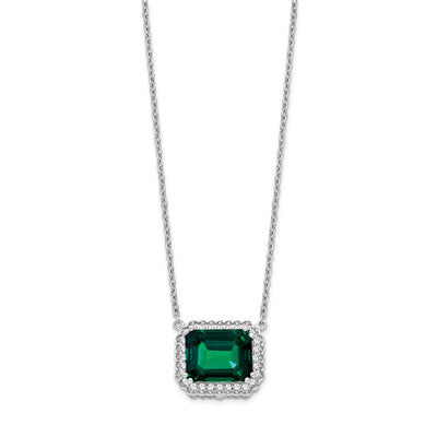 14K White Gold Octagon Lab Created Emerald and Diamond East-West Halo Necklace