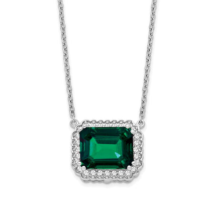 14K White Gold Octagon Lab Created Emerald and Diamond East-West Halo Necklace