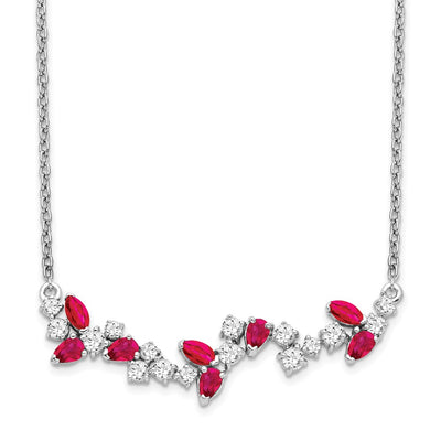14K White Gold Marquise Ruby and Diamond Floral Bar Necklace